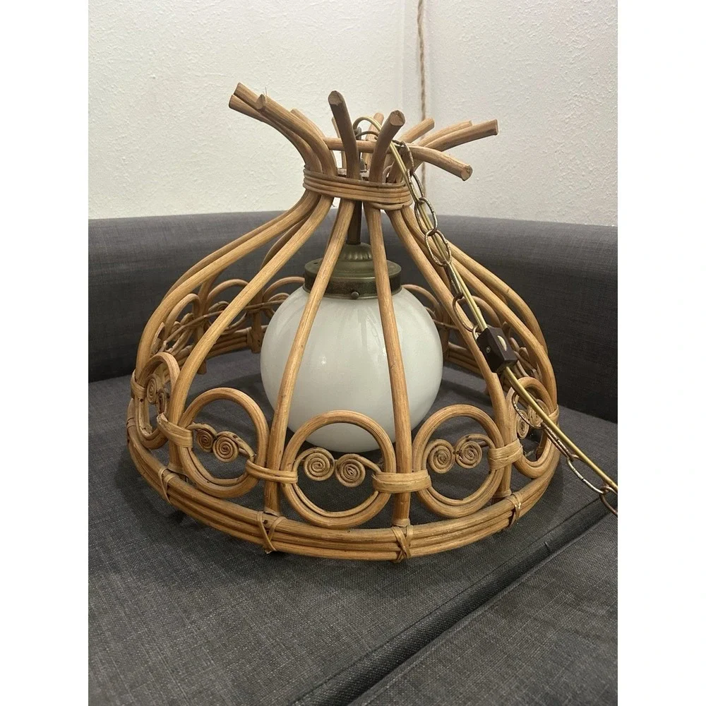 Vintage Rattan Bamboo Wicker Pendant Light Boho Hanging Ceiling Lamp MCM WORKS!